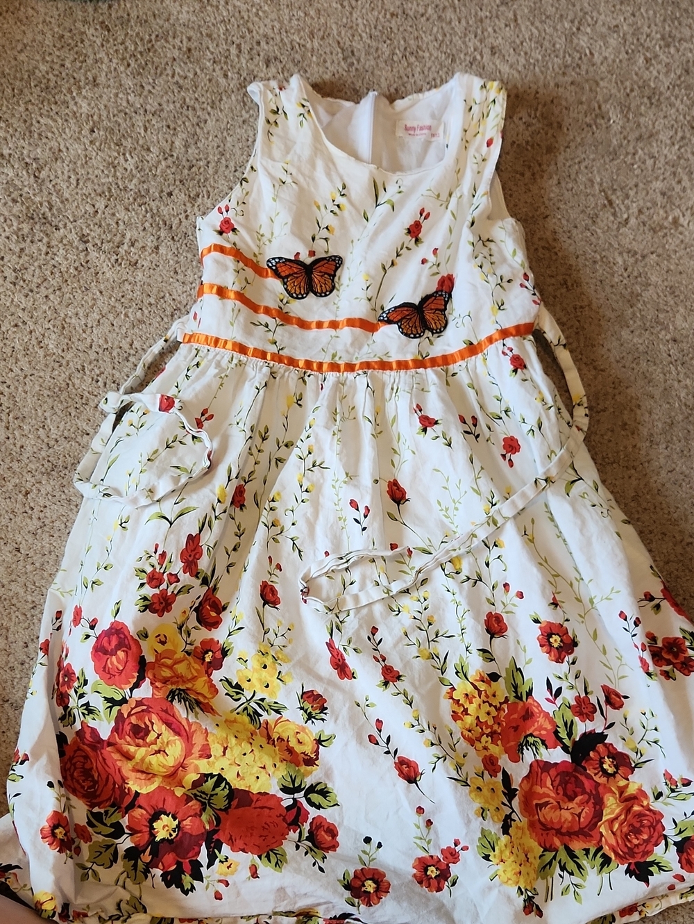 Sunny Fashion Girls White Lined Botanical Dress Sz 11/12